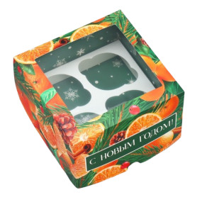 Коробка на 4 капкейка с двусторонним нанесением Апельсины (Россия, 16х16х10 см) 9771218